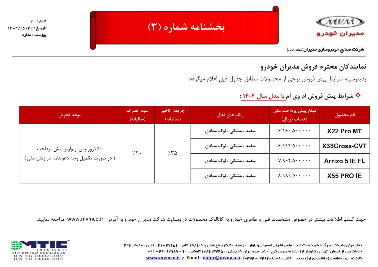 شرایط فروش محصولات ام وی ام مدیران خودرو- شهریور 1404