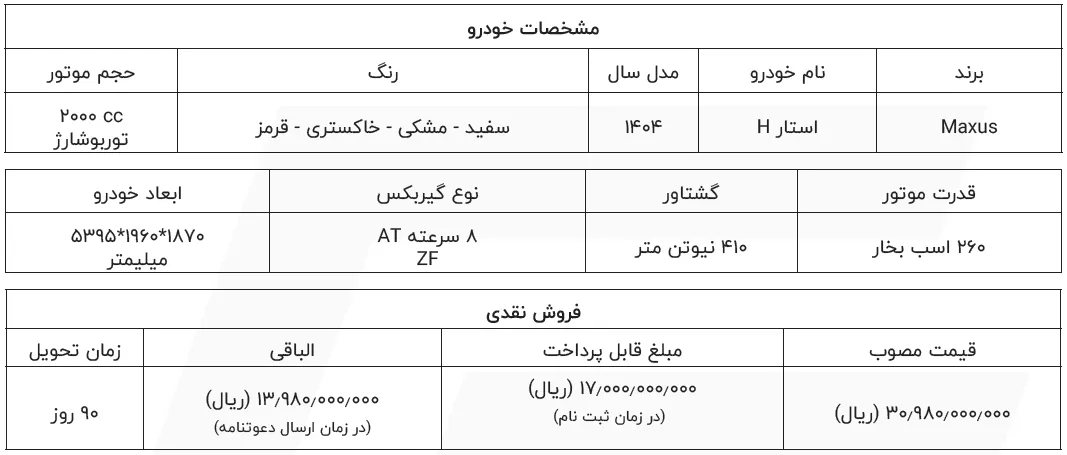 آغاز فروش نقدی مکسوس استار H- شهریور 1404