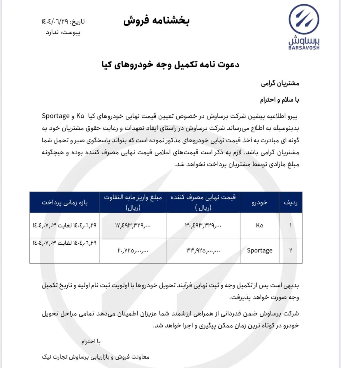 اعلام قیمت کیا اسپورتیج و k5- شهریور 1404