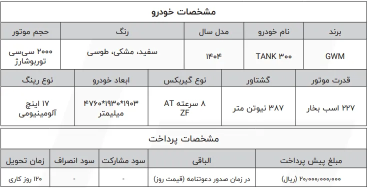 شرایط فروش تانک 300 شتابران خودرو