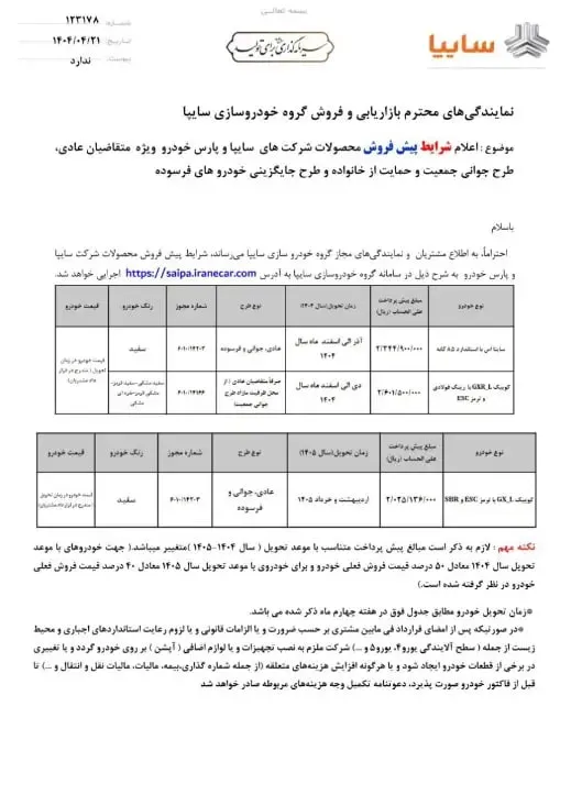 شرایط پیش فروش سایپا در تیر 1404