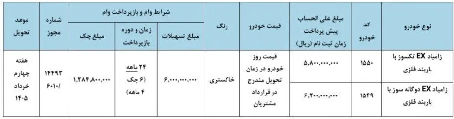 شرایط پیش فروش زامیاد EX - اسفند 1404
