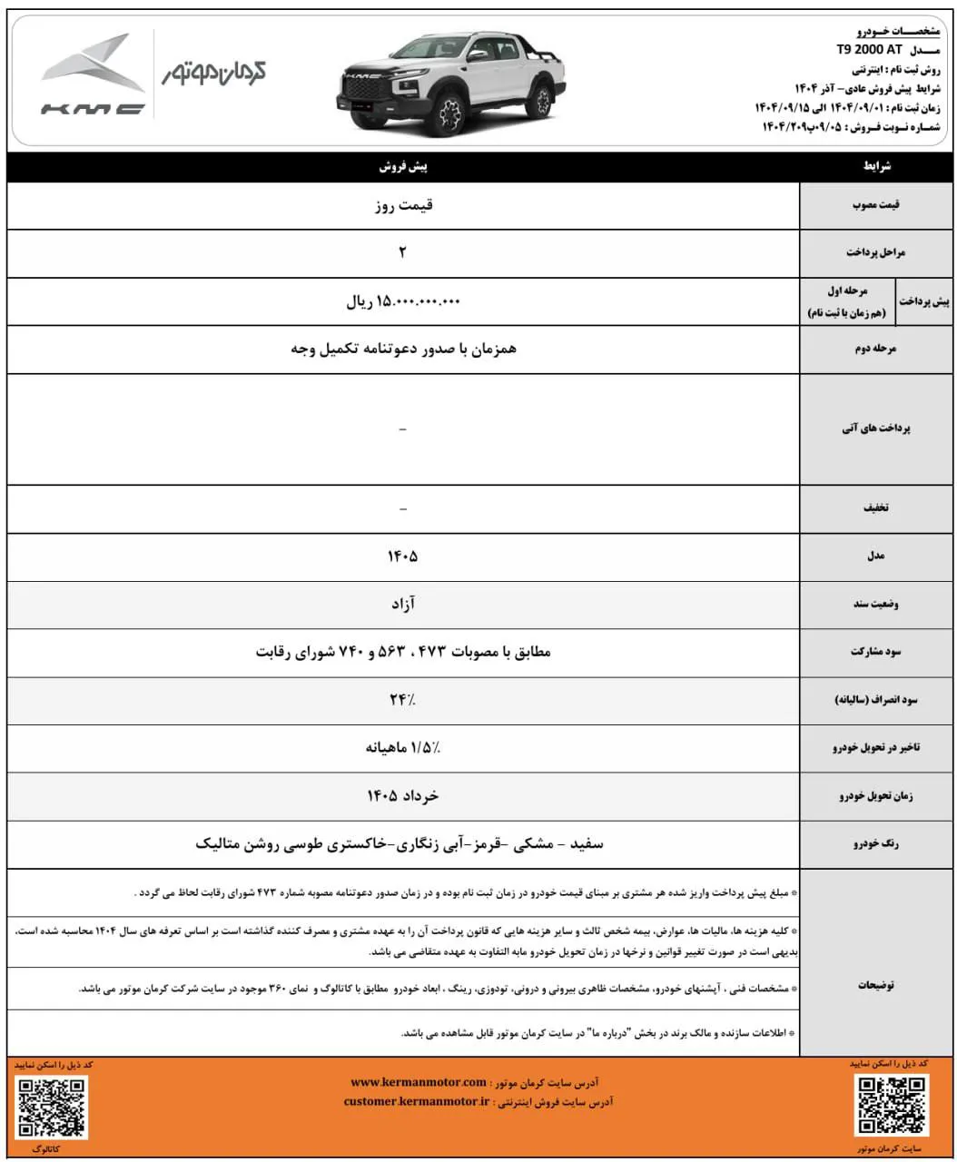پیش فروش عادی کی ام سی ۱۴۰۵ | سود ۲۴٪ انصراف و سند آزاد برای همه مدل&zwnj;ها