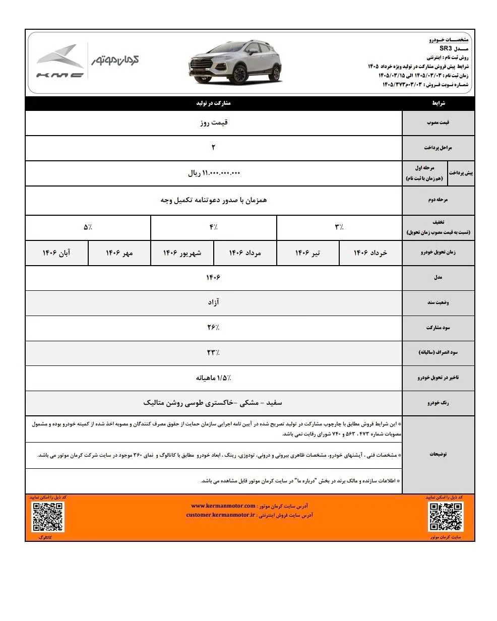 جزئیات پیش&zwnj;فروش مشارکت در تولید کی ام سی SR3 | اردیبهشت ۱۴۰۵